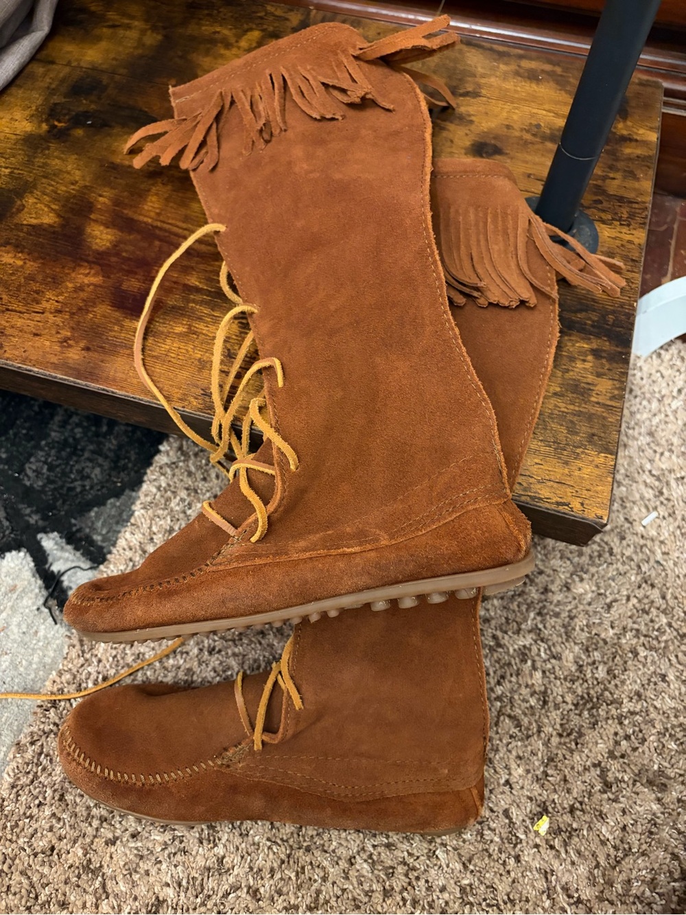 Minnetonka Chestnut Suede Fringe Lace-Up Moccasins